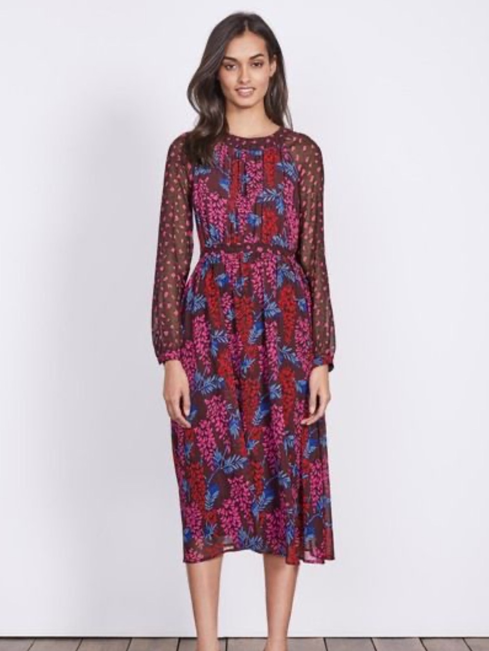 Boden Floral Midi Dress in Burgundy, Pink & Blue